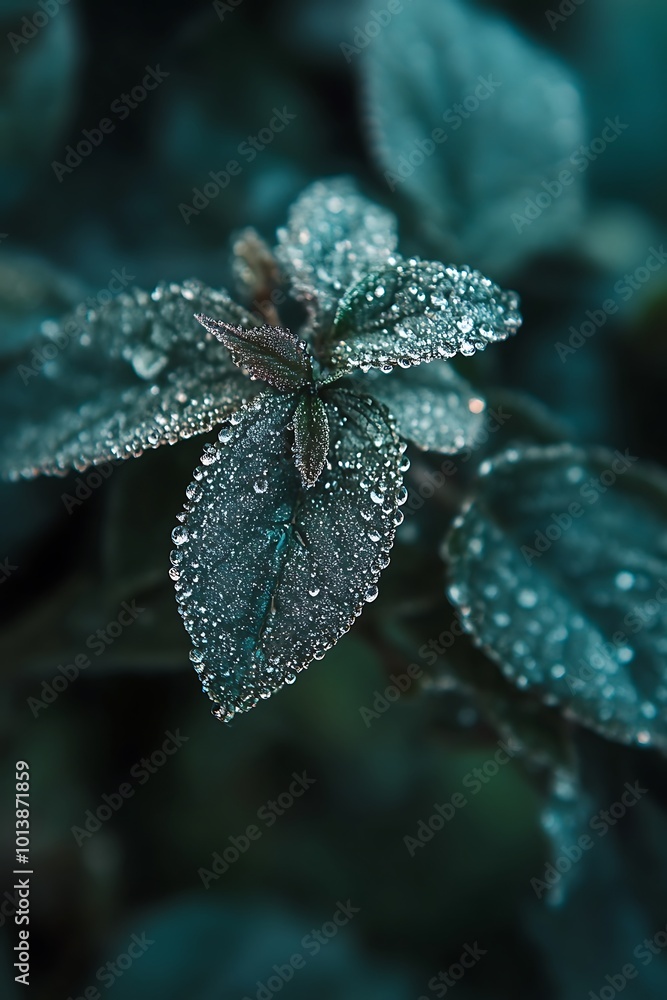 Close up of dew drops on teal green leaves, nature, water, and plant photography Close up of dew drops on teal green leaves, nature, water, and plant photography