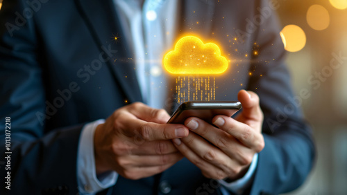 businessman holding smartphone with data cloud icons