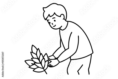 Enchanting Vector Design of a Boy Collecting Leaves in a Picturesque Forest Setting
