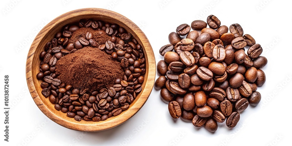 Bird eye view of coffee beans and ground coffee in wooden bowl on white background