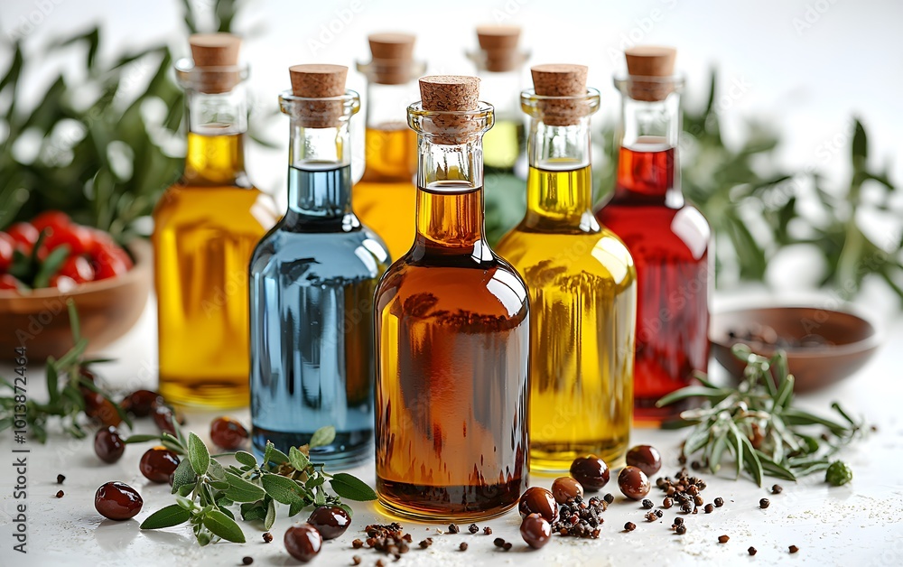 Colorful bottles of infused oils with herbs and spices in rustic setting Colorful bottles of infused oils with herbs and spices in rustic setting