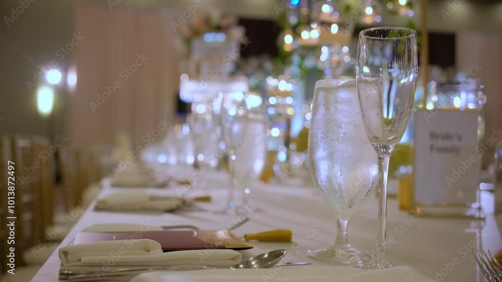 Rows of glasses and plates on the table. Elements of wedding. Many decorative candles for decorations on the table. Move camera Rows of glasses and plates on the table. Elements of wedding. Many decorative candles for decorations on the table. Move camera