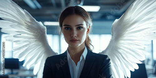 female angel executive wearing business suit in corporate office  photo