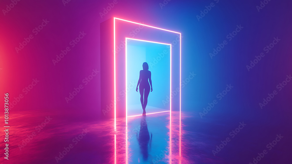 A figure stepping through a glowing door into a parallel dimension, a futuristic 3D visualization, bright and mysterious. A figure stepping through a glowing door into a parallel dimension, a futuristic 3D visualization, bright and mysterious.