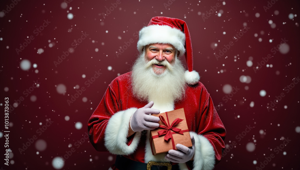 Santa Claus Holding a Gift in a Snowy Setting During the Christmas Season Santa Claus Holding a Gift in a Snowy Setting During the Christmas Season
