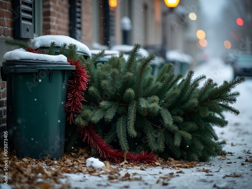 A Christmas tree with tinsel left behind near the green trash bins after the Christmas holidays