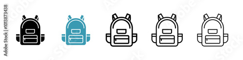 Backpack vector icon set in black and blue colors.