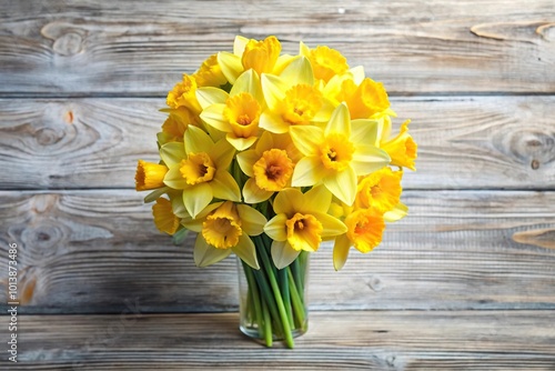 Bird's eye view bouquet of yellow spring flowers narcissus