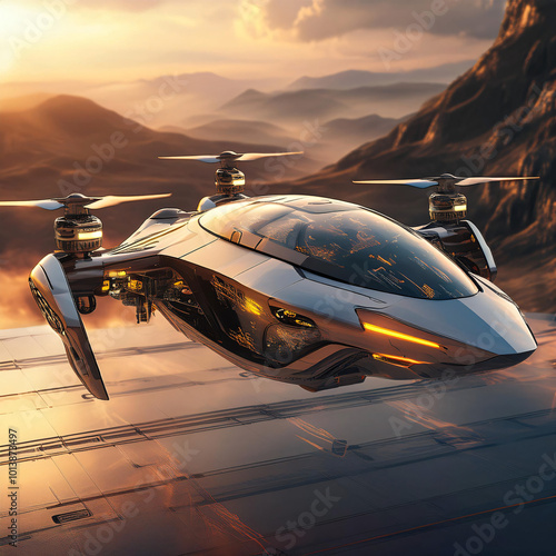 Futuristic Drone Aircraft Over Mountain Sunset photo