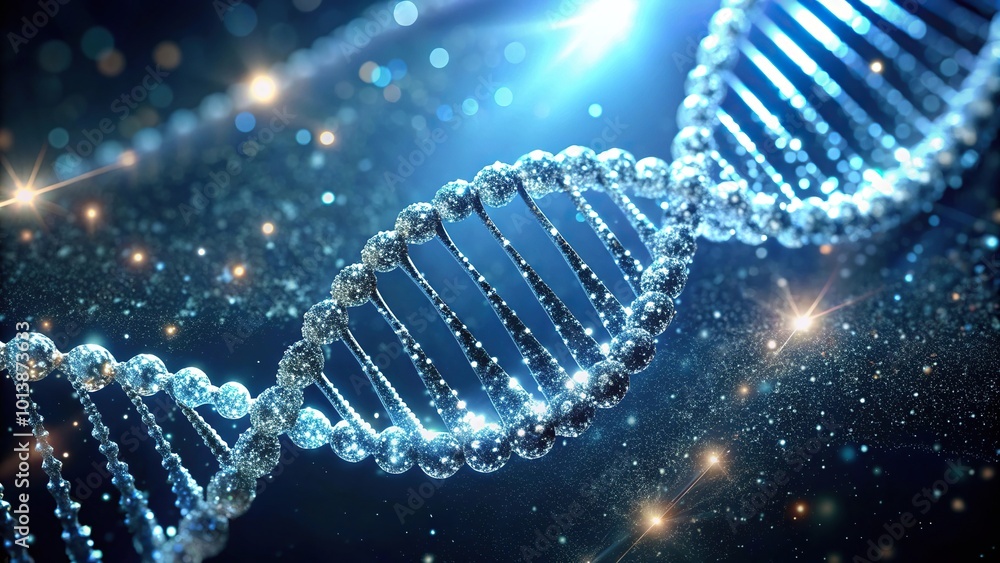 Bird's eye view glowing DNA helix with particles on reflective surface Bird's eye view glowing DNA helix with particles on reflective surface