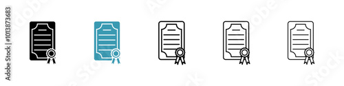 Certificate vector icon set in black and blue colors.