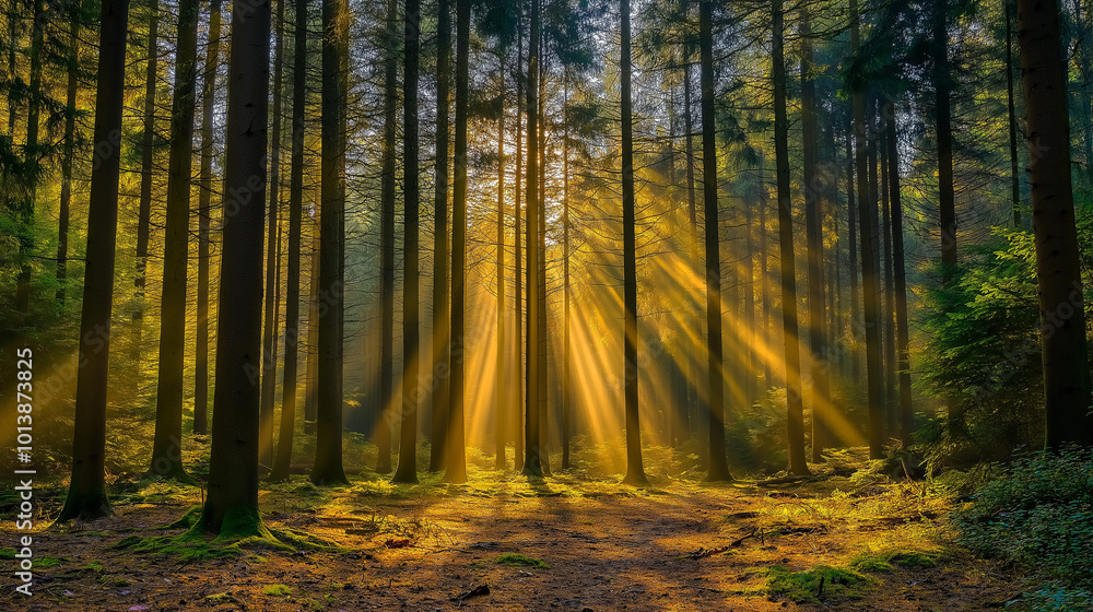 Fototapeta premium A serene forest scene during what appears to be early morning or late afternoon. Sunlight pierces through the dense canopy of tall trees, casting a warm, golden hue over the forest floor