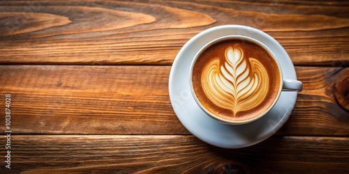 Bird's eye view of a cup of hot latte art coffee on a wooden table