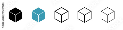 Cube vector icon set in black and blue colors.