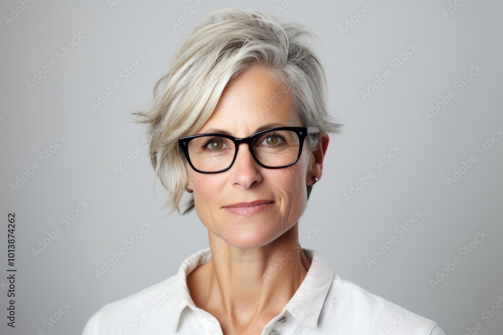 Portrait of mature business woman with eyeglasses against grey background Portrait of mature business woman with eyeglasses against grey background