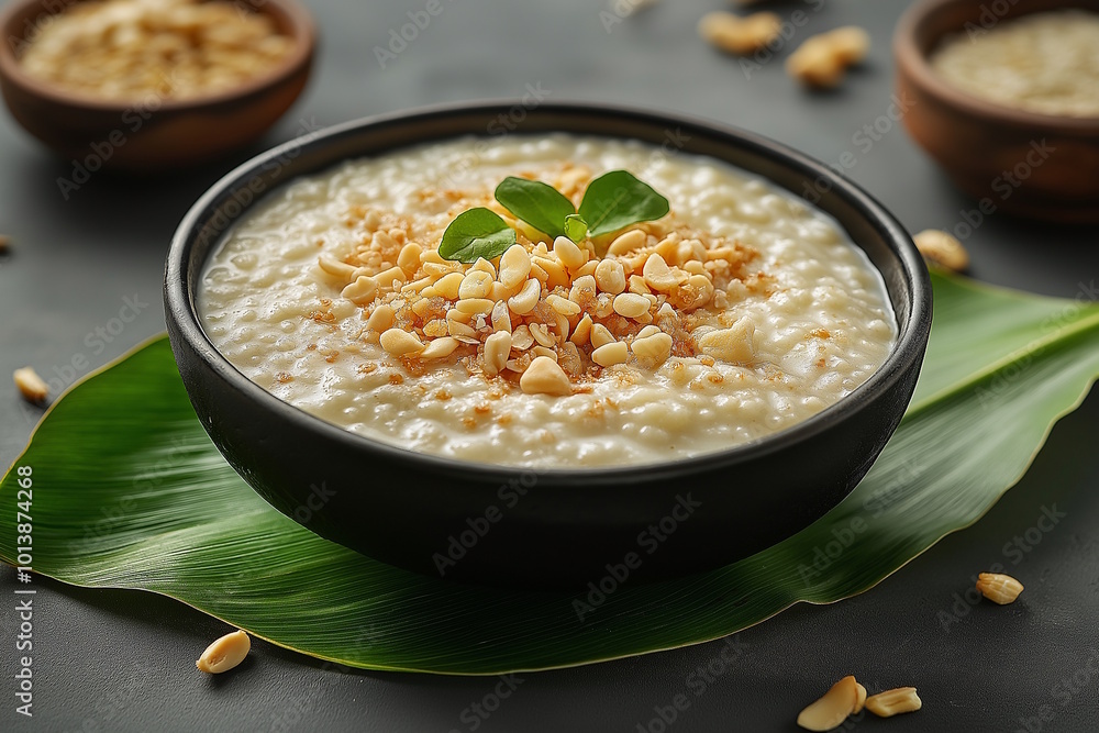Creamy seviyan topped with crushed peanuts and fresh herbs in a black bowl on a green leaf, highlighting a fusion of textures and flavors for a comforting dish served during Ramadan or Eid Creamy seviyan topped with crushed peanuts and fresh herbs in a black bowl on a green leaf, highlighting a fusion of textures and flavors for a comforting dish served during Ramadan or Eid