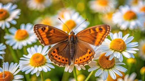 Bird's eye view of an orange brown butterfly Maniola jurtina seeking nectar on a chamomile flower