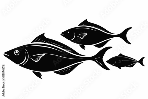 A set of Halibut fishes in different poses isolated silhouette black vector art illustration