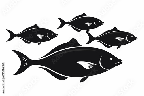 A set of Halibut fishes in different poses isolated silhouette black vector art illustration