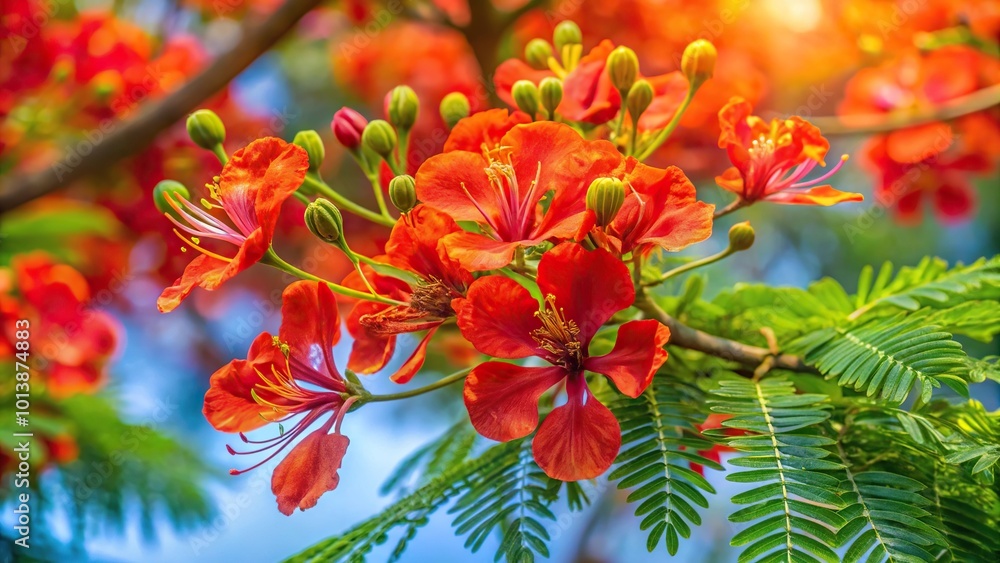 Bird's eye view of brilliant red flowers of Poinciana tree Bird's eye view of brilliant red flowers of Poinciana tree