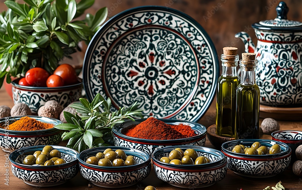 Fototapeta premium Mediterranean cuisine: ceramic dishes with olives, spices, and olive oil