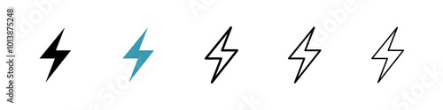 Lightning bolt vector icon set in black and blue colors.