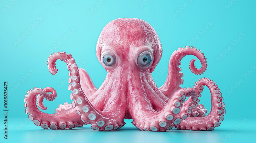 Pink Octopus with Big Eyes on a Blue Background Pink Octopus with Big Eyes on a Blue Background