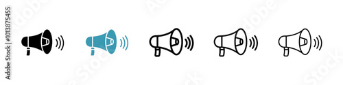 Megaphone vector icon set in black and blue colors.