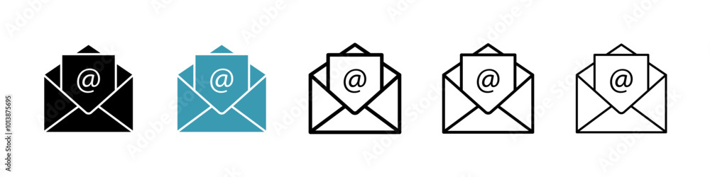 Open email vector icon set in black and blue colors. Open email vector icon set in black and blue colors.