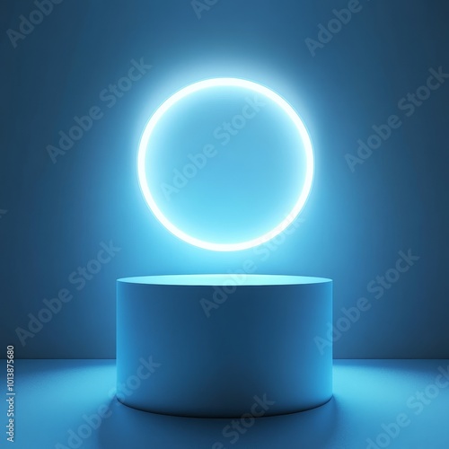 Abstract blue background with round podium illuminated by neon light. 3d renderAbstract blue background with round podium. 3d render. Neon light. photo