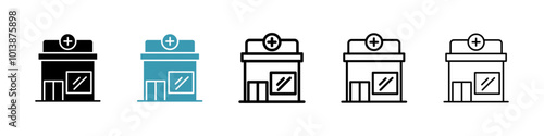 Pharmacy vector icon set in black and blue colors.