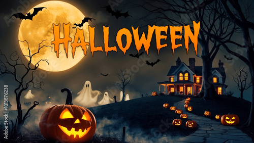 Spooky Halloween Haunted House with Full Moon, Flying Bats, and Glowing Jack-o'-Lanterns