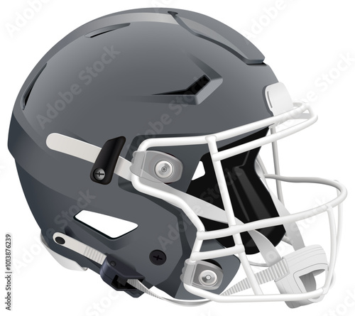 Realistic gray 3D American football helmet with white mask and chin strap