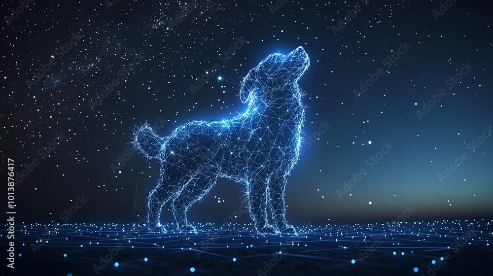 A glowing dog's silhouette, intricately drawn with lines, gazing up at the stars, encapsulating a sense of wonder, hope, and the artistic blend of light and darkness. A glowing dog's silhouette, intricately drawn with lines, gazing up at the stars, encapsulating a sense of wonder, hope, and the artistic blend of light and darkness.