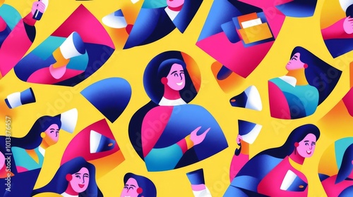 Create a vibrant pattern showcasing a Public Relations Specialist with a circle head