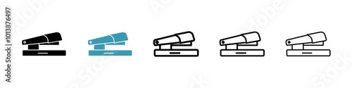 Stapler vector icon set in black and blue colors.