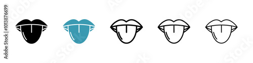 Tongue vector icon set in black and blue colors.