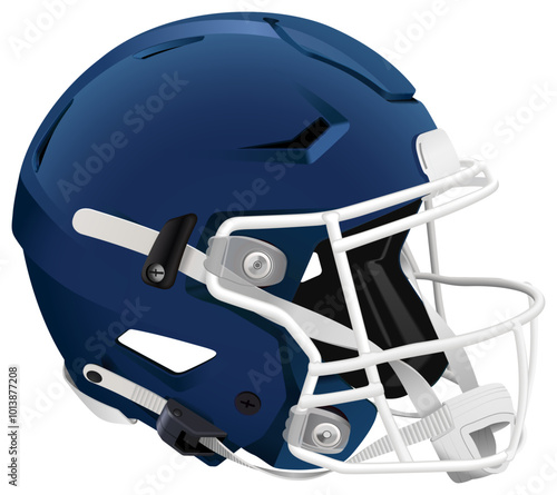 Realistic dark blue 3D American football helmet with white mask and chin strap