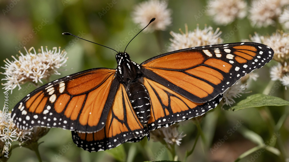 Naklejka premium Beautiful monarch butterfly on white flowers in a vibrant green background for stock photography.