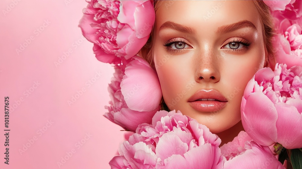 A beautiful woman with flawless skin surrounded by pink peonies. A beautiful woman with flawless skin surrounded by pink peonies.