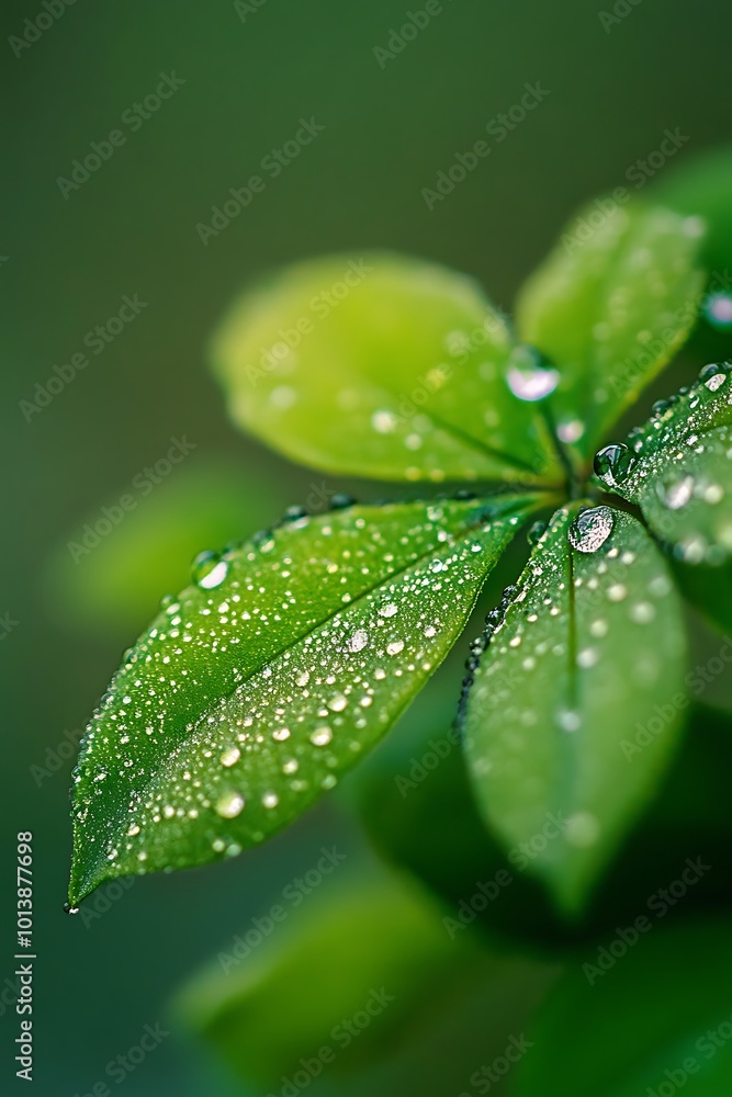 Fototapeta premium Close up of Dew Drops on Green Leaves