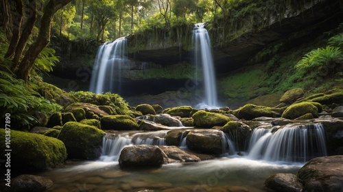 Enchanting dual waterfall cascading serenely into a rocky stream in a lush, verdant forest landscape.