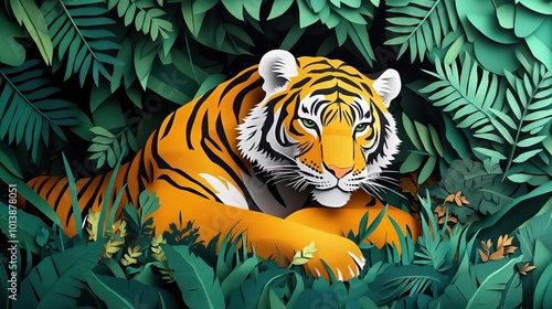 Majestic tiger resting amidst tall grass Majestic tiger lounging in lush grass