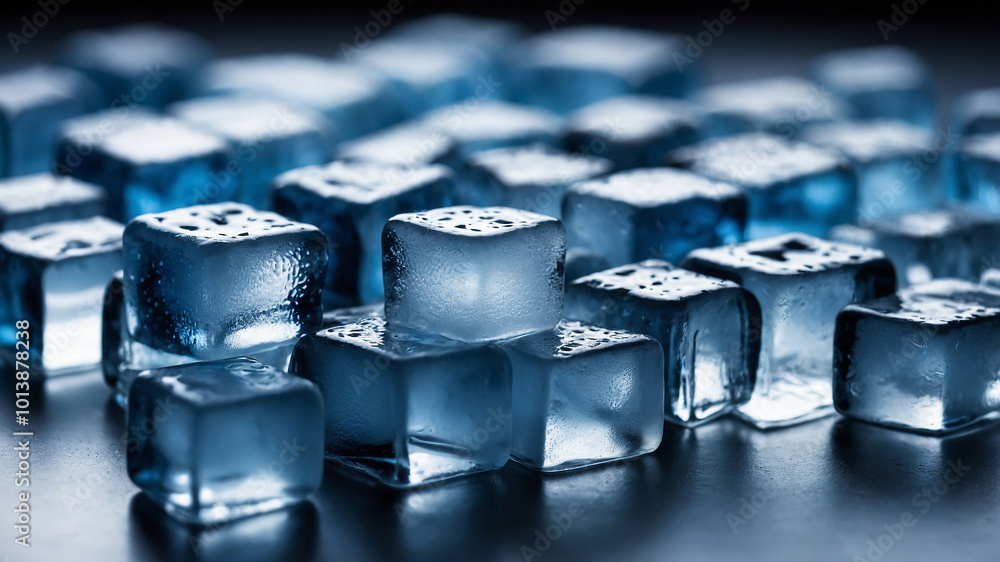 Close-up shot of ice cubes with reflections, featuring fine details and clear surface, frozen effect. Close-up shot of ice cubes with reflections, featuring fine details and clear surface, frozen effect.