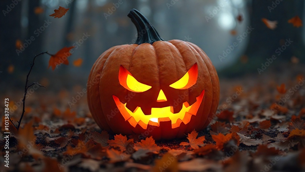 pumpkin on the autumn leaves in a dark forest, halloween pumpkin on the autumn leaves in a dark forest, halloween