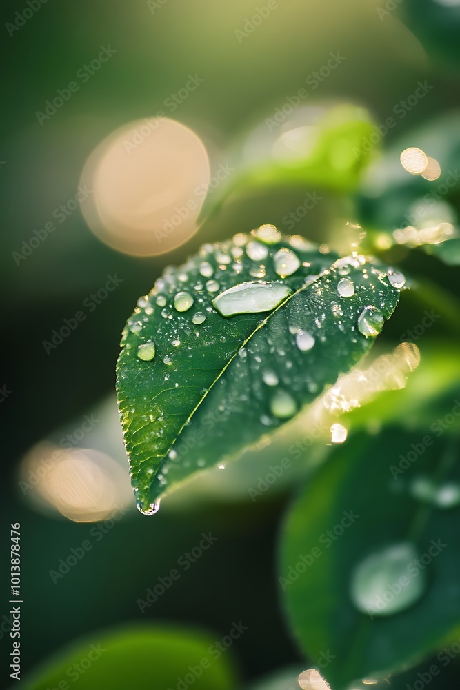 Closeup of water drops on green leaf with bokeh background, nature, dew, fresh, clean Closeup of water drops on green leaf with bokeh background, nature, dew, fresh, clean