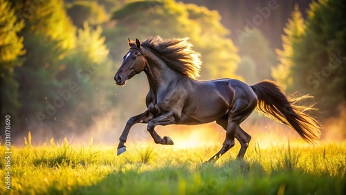 Black horse galloping in sunlight meadow macro shot photo