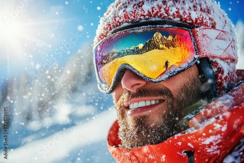 Dynamic shot of a snowboarder performing a jump, side view with motion blur capturing the speed and energy, bright sunlight reflecting on the snow.