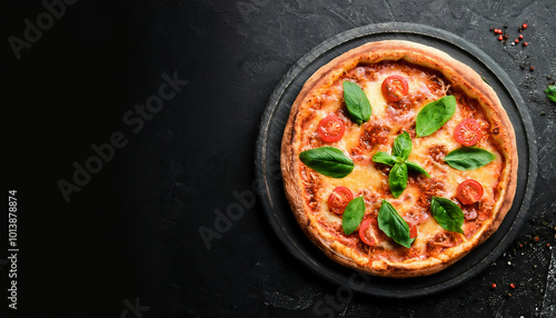 Pizza with mozzarella, tomatoes and basil on black stone slate over isolated black background. copy space