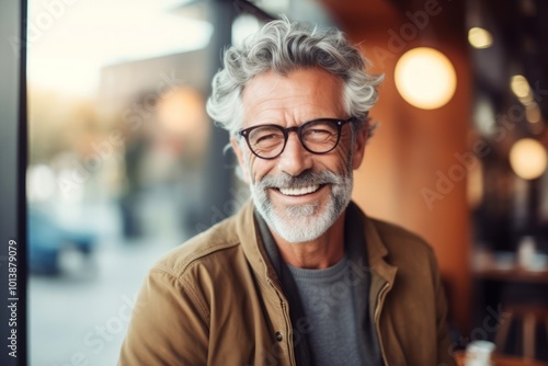 Portrait of smiling senior man with eyeglasses standing in cafe